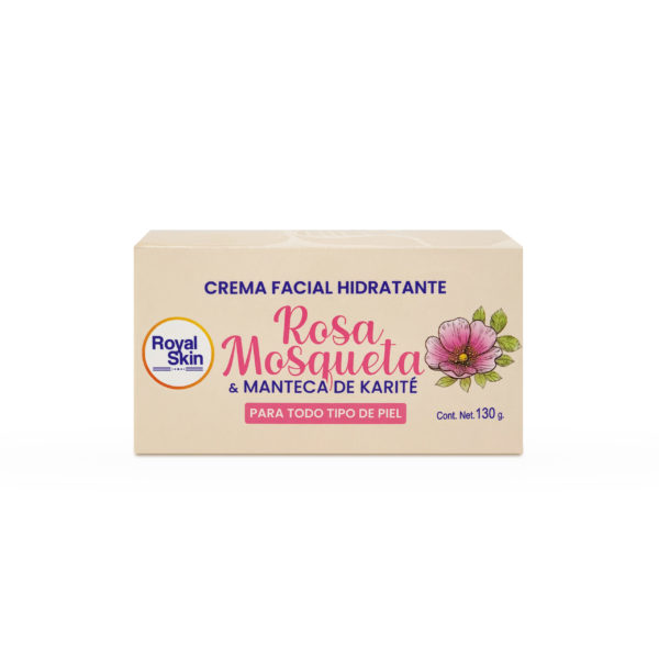 Crema facial hidratante con extracto de rosa mosqueta y manteca de karité en envase de 130 g.