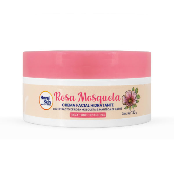 Crema facial hidratante con extracto de rosa mosqueta y manteca de karité en envase de 130 g.
